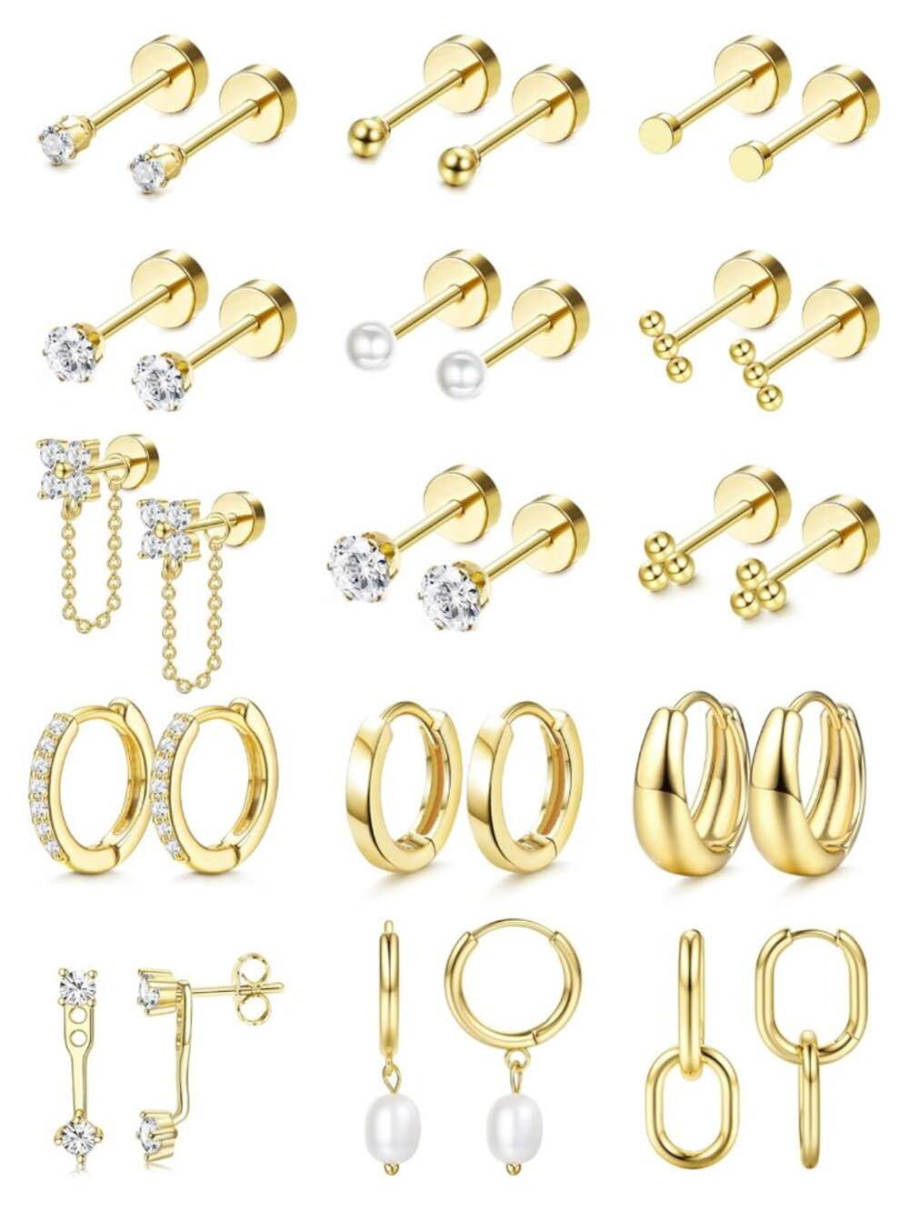 20G Flat Back Earrings Surgical Steel Hoop Stud Set for Sensitive Ears